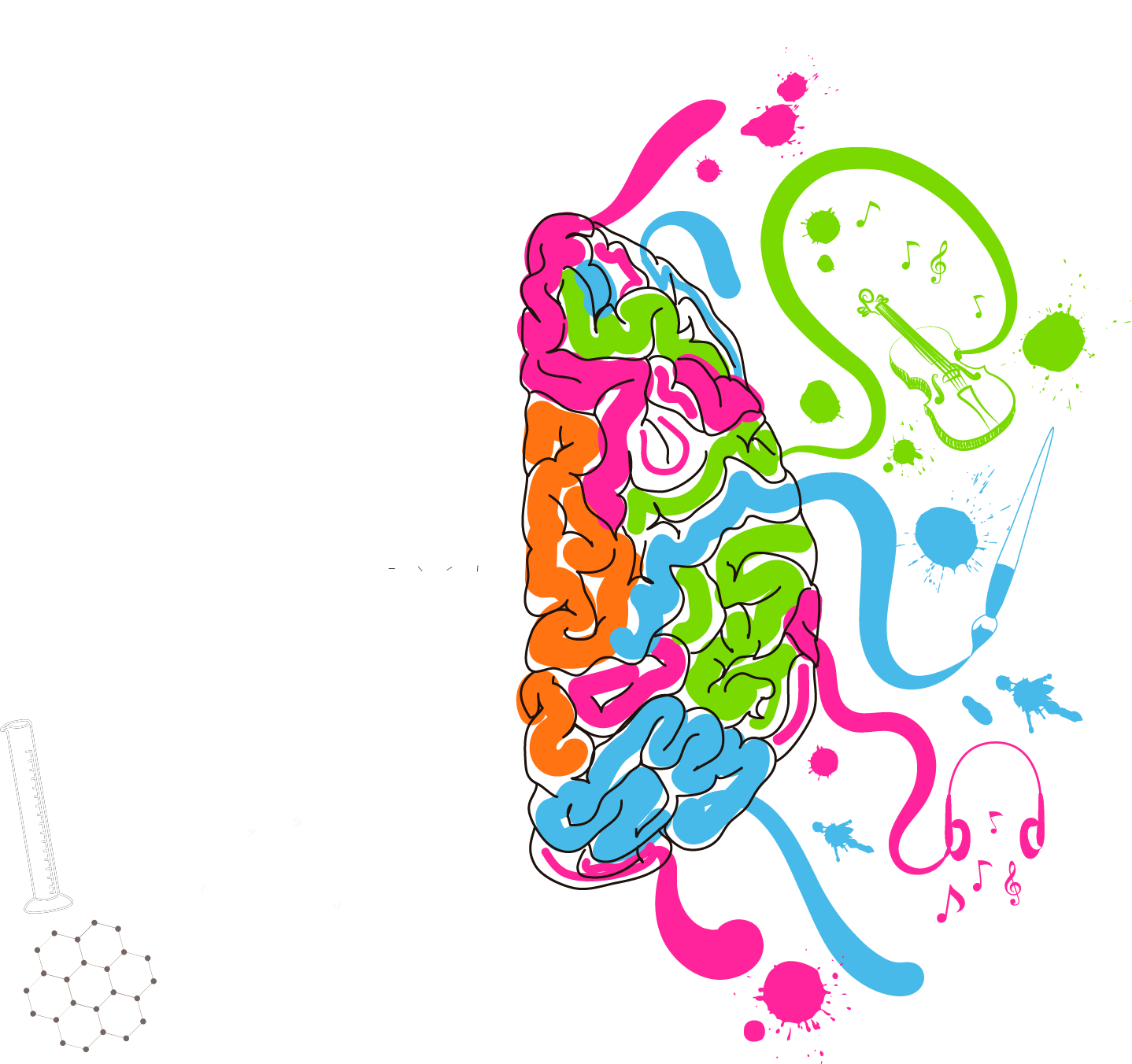 Colorful creative brain illustration showing left brain logic and right brain creativity with musical notes, paintbrush, and vibrant splashes in pink, blue, orange, and green